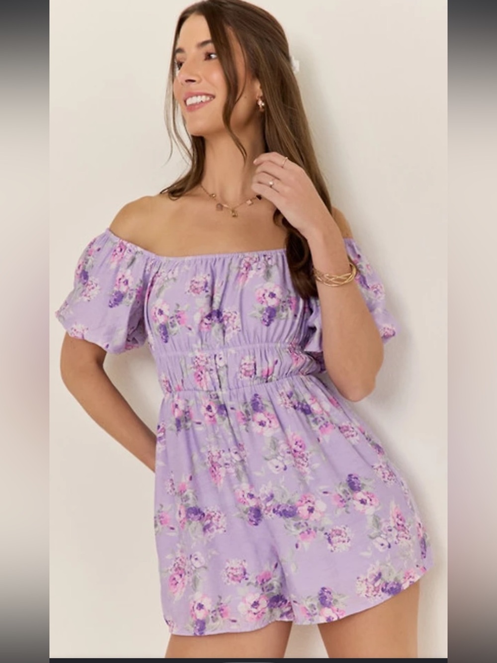 Francesca's Lavender Floral Off-Shoulder Romper